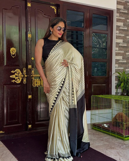 Elegant Striped Semi Gajji Silk Saree with Contrast Border - Premium Quality Printed Saree