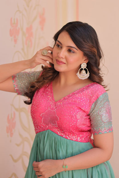 Ombre Sequin Embroidered V-Neck Gown - Pink & Green Flair Dress