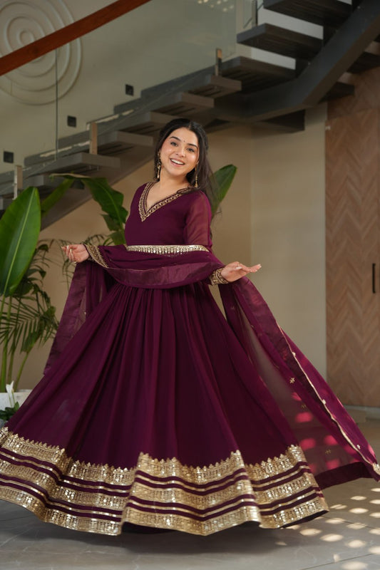 Majestic Wine Gown with Dupatta - Embroidered Faux Blooming Set 💜✨