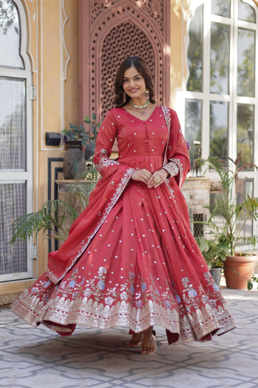 Ethereal Coral Orange Gown with Dupatta - Embroidered Viscose Cosmos Set 🧡✨