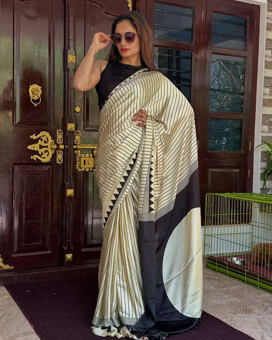 Elegant Striped Semi Gajji Silk Saree with Contrast Border - Premium Quality Printed Saree