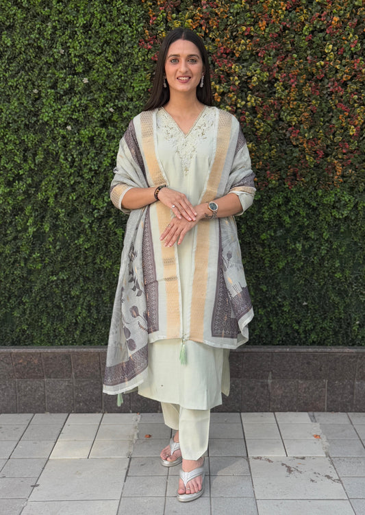 Elegant Roman Silk Kurti Pant Dupatta Set - Handwork Detailing | MA³ Store