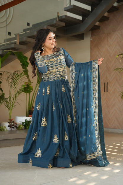 Premium Teal Blue Embroidered Chinnon Gown with Dupatta