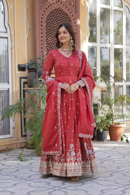 Ethereal Coral Orange Gown with Dupatta - Embroidered Viscose Cosmos Set 🧡✨