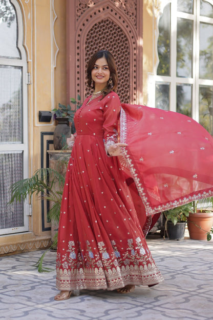 Ethereal Coral Orange Gown with Dupatta - Embroidered Viscose Cosmos Set 🧡✨