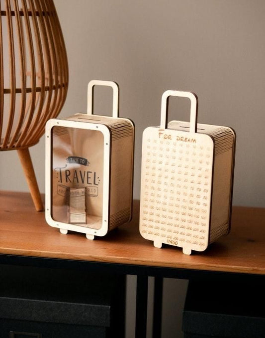 Travel Money Saving Bank - Suitcase Style Wooden Coin Bank