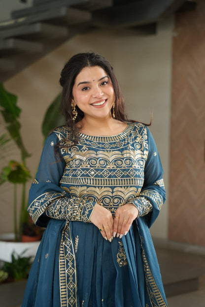 Premium Teal Blue Embroidered Chinnon Gown with Dupatta