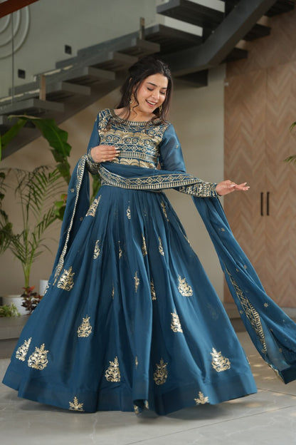 Premium Teal Blue Embroidered Chinnon Gown with Dupatta