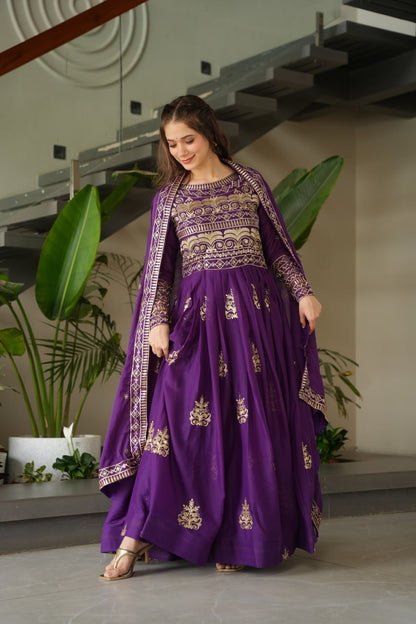 Premium Purple Embroidered Chinnon Gown with Dupatta