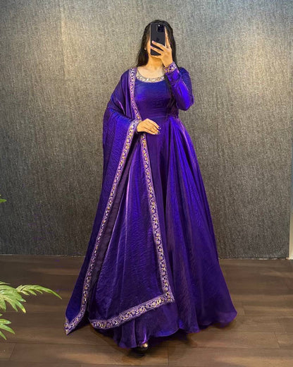Glamorous Soft Fendy Silk Sequins Embroidered Gown with Dupatta