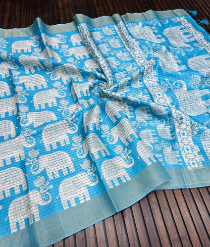 Elegant Dola Silk Zari Saree with Kalamkari Elephant Print