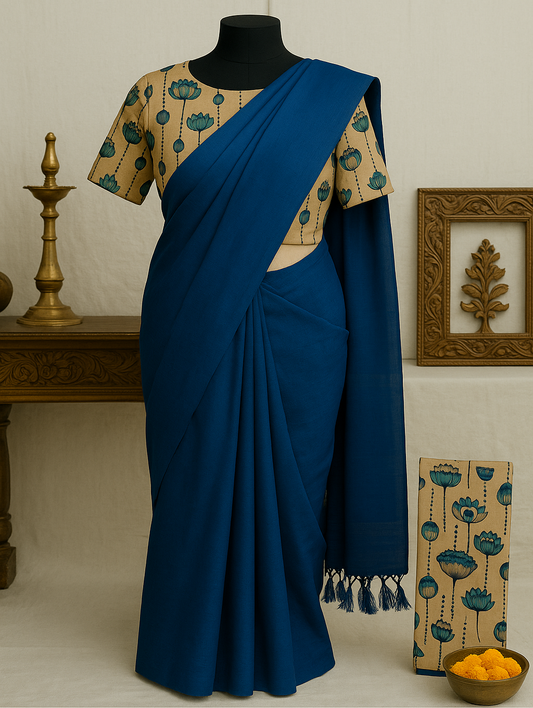 Elegant Royal Blue Mangalagiri Pattu Cotton Saree with Printed Contrast Blouse