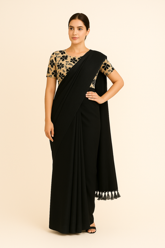 Elegant Black Mangalagiri Pattu Cotton Saree with Floral Printed Contrast Blouse