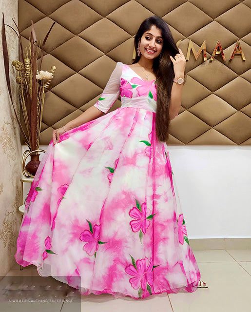 Elegant Pink Floral Soft Tabby Organza Gown - Free Size