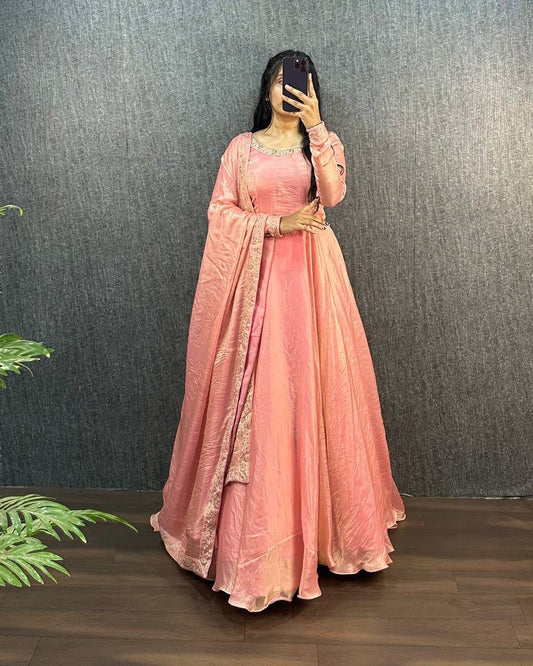 Glamorous Soft Fendy Silk Sequins Embroidered Gown with Dupatta