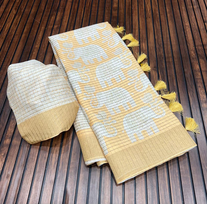 Elegant Dola Silk Zari Saree with Kalamkari Elephant Print