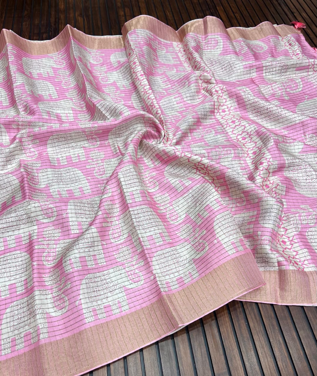 Elegant Dola Silk Zari Saree with Kalamkari Elephant Print