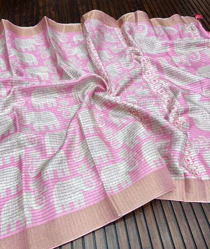 Elegant Dola Silk Zari Saree with Kalamkari Elephant Print