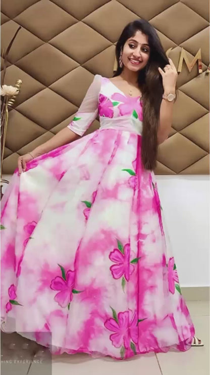 Elegant Pink Floral Soft Tabby Organza Gown - Free Size