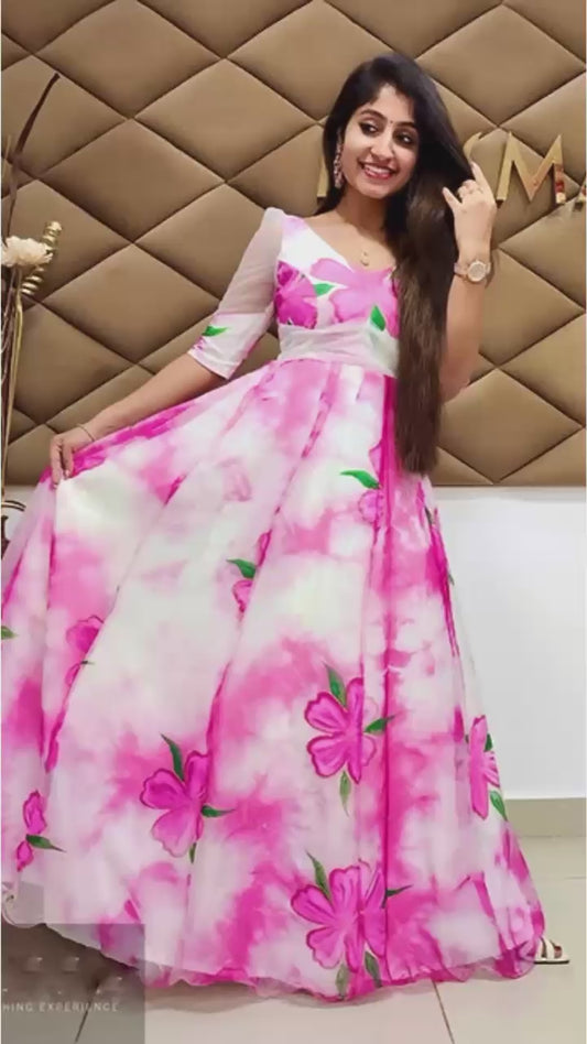 Elegant Pink Floral Soft Tabby Organza Gown - Free Size