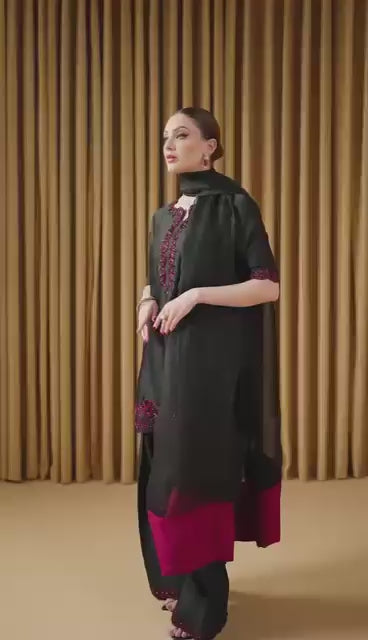 Designer Party Wear Crepe Co-Ord Set with Farshi Palazzo & Dupatta
